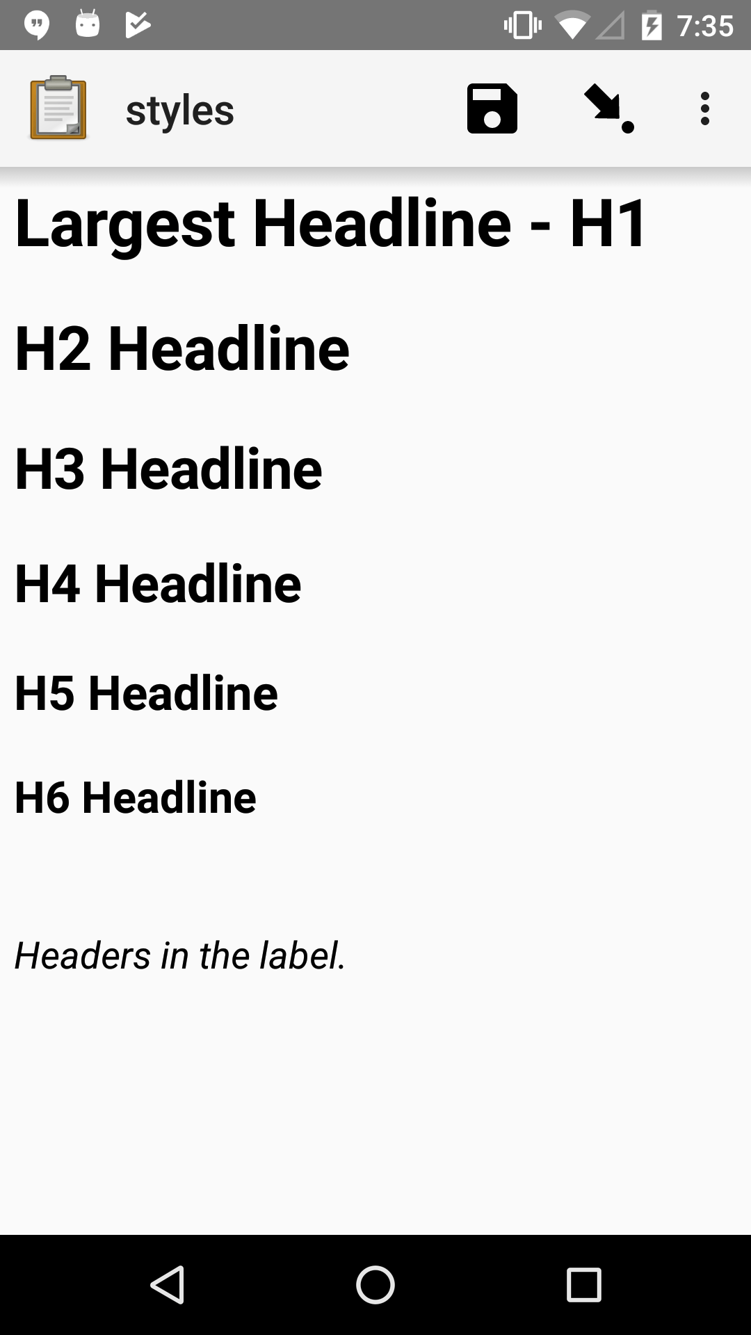 A note widget in Collect. The label is six headlines of decreasing size, with text describing the size as: H1, H2, H3, H4, H5, H6.