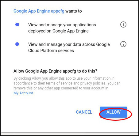 Image showing window asking for App Engine Permissions.