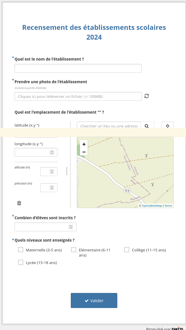 ODK Central affichant un aperçu web du formulaire de recensement des établissements scolaires.