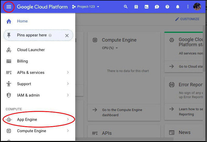 Image showing App Engine option.