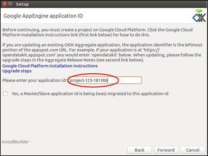 Image showing project id of the project created earlier entered in the application id box.