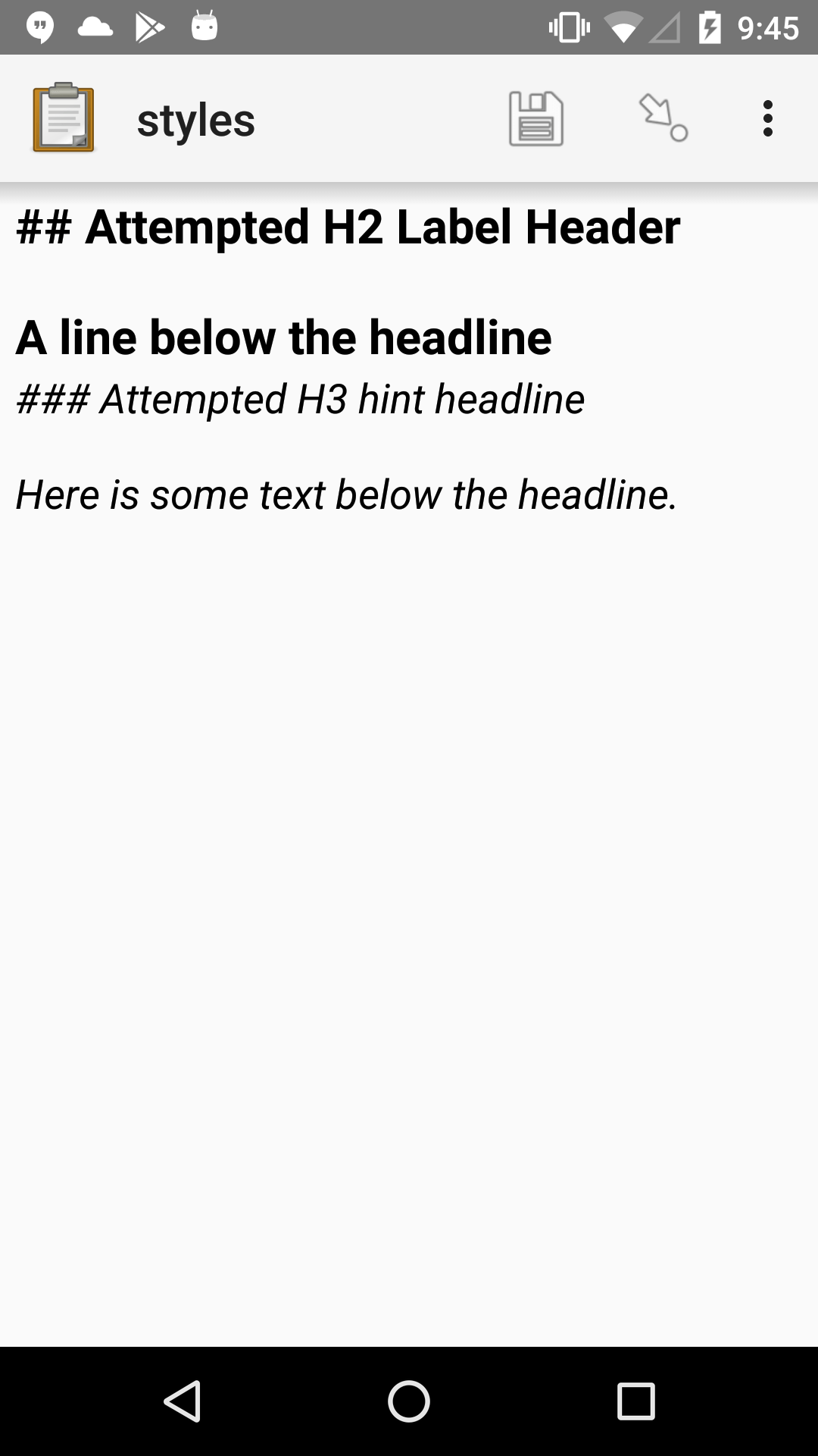 A note widget in Collect. The label text is "## Attempted h2 Label Header (line break) A line below the headline". The hint text is "### Attempted H3 hint headline (line break) Here is some text below the headline."
