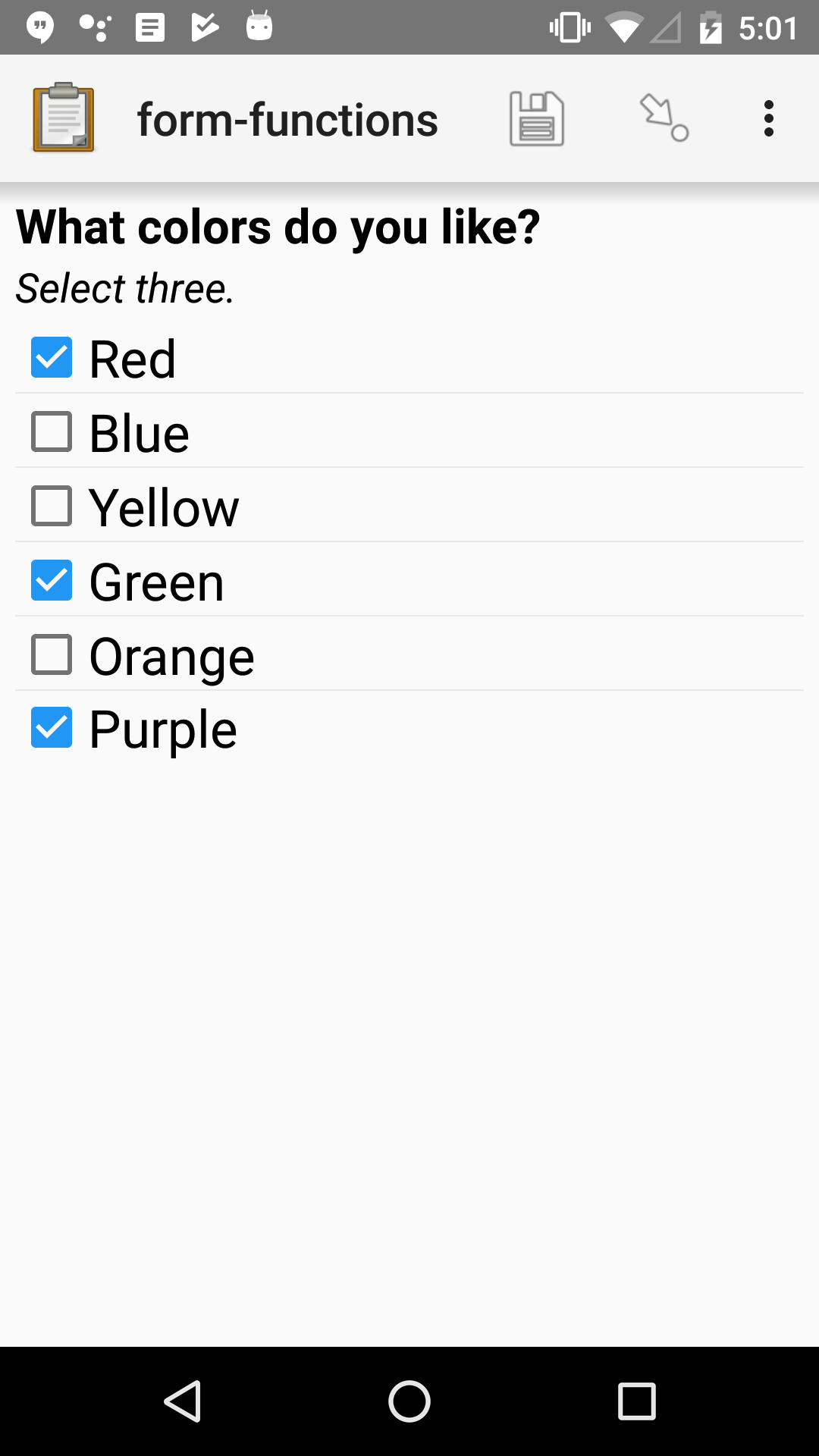 A multi-select widget in Collect. The label is "What colors do you like?" Several color names are presented as options. Red, Green, and Purple are selected.