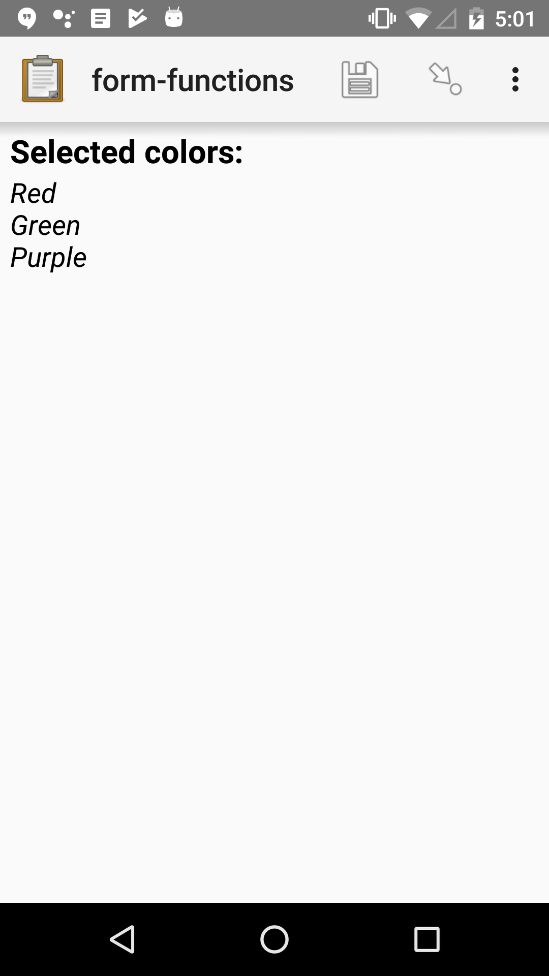 A note widget in Collect. The label is "Selected colors". The hint text is "Red, Green, Purple."