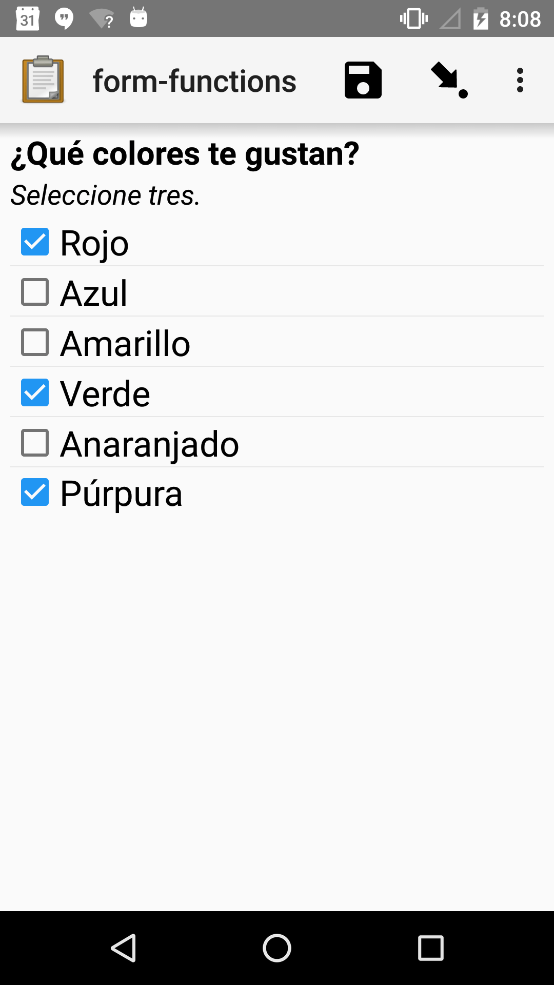A multi-select widget in Collect. The label is "¿Qué colores te gustan?" Several color names, in Spanish, are presented as options. Rojo, Verde, and Púrpura are selected.