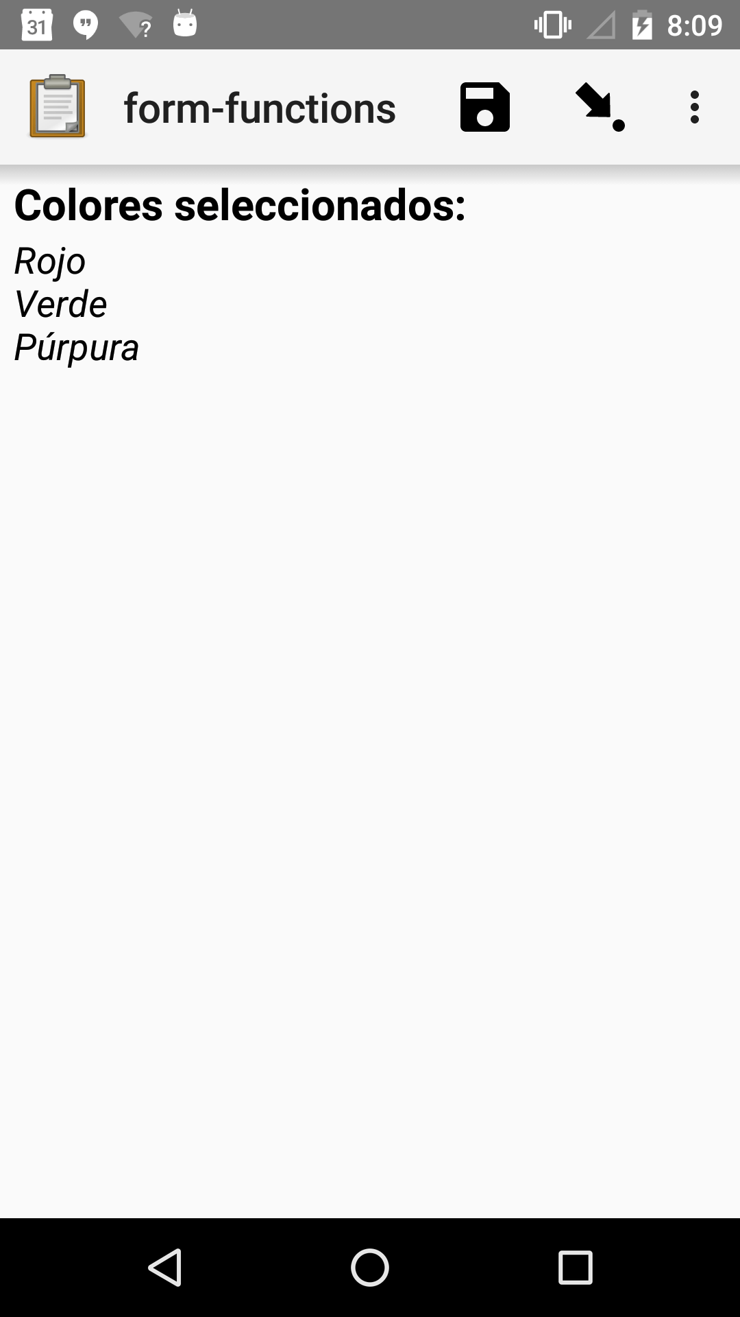A note widget in Collect. The label is "Colores seleccionados." The hint text is "Rojo, Verde, Púrpura".
