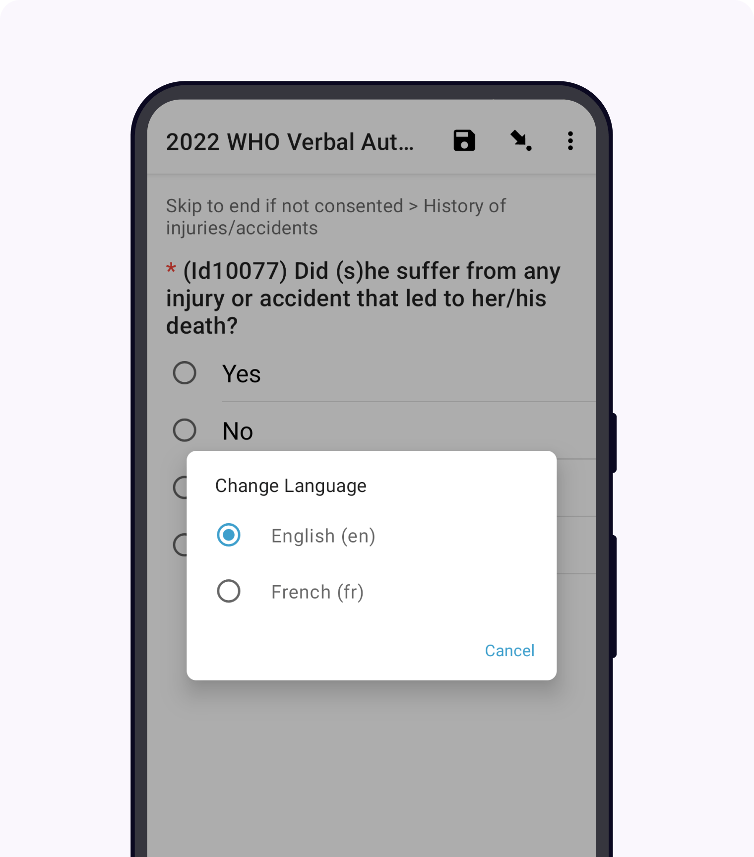 A modal titled *Change Language*, with radio buttons (single select) for languages: *English* and *French* and a CANCEL button. The option for *English* is selected.