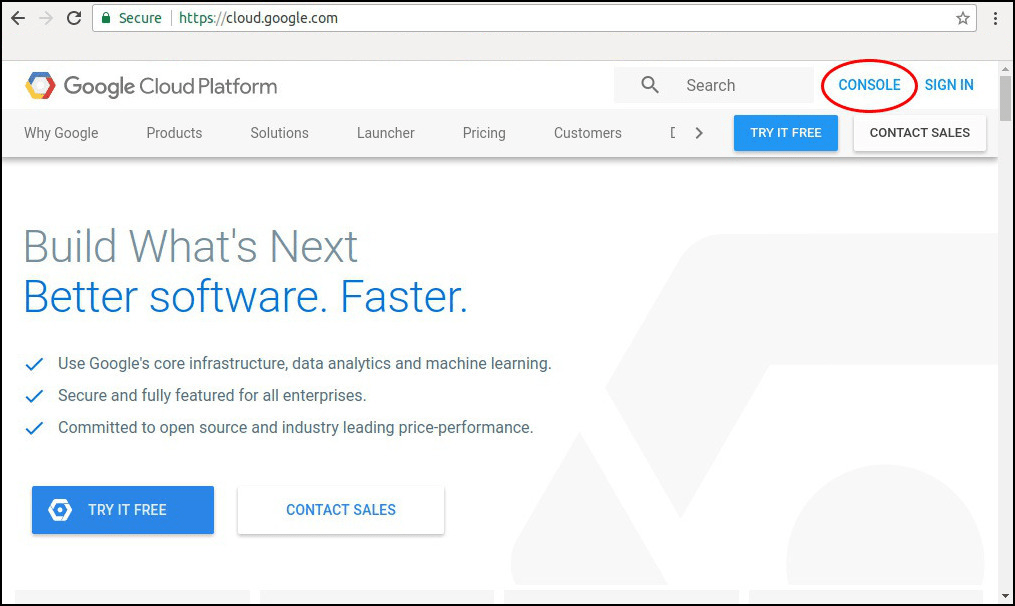 An image showing the console option on the Google Cloud Platform.
