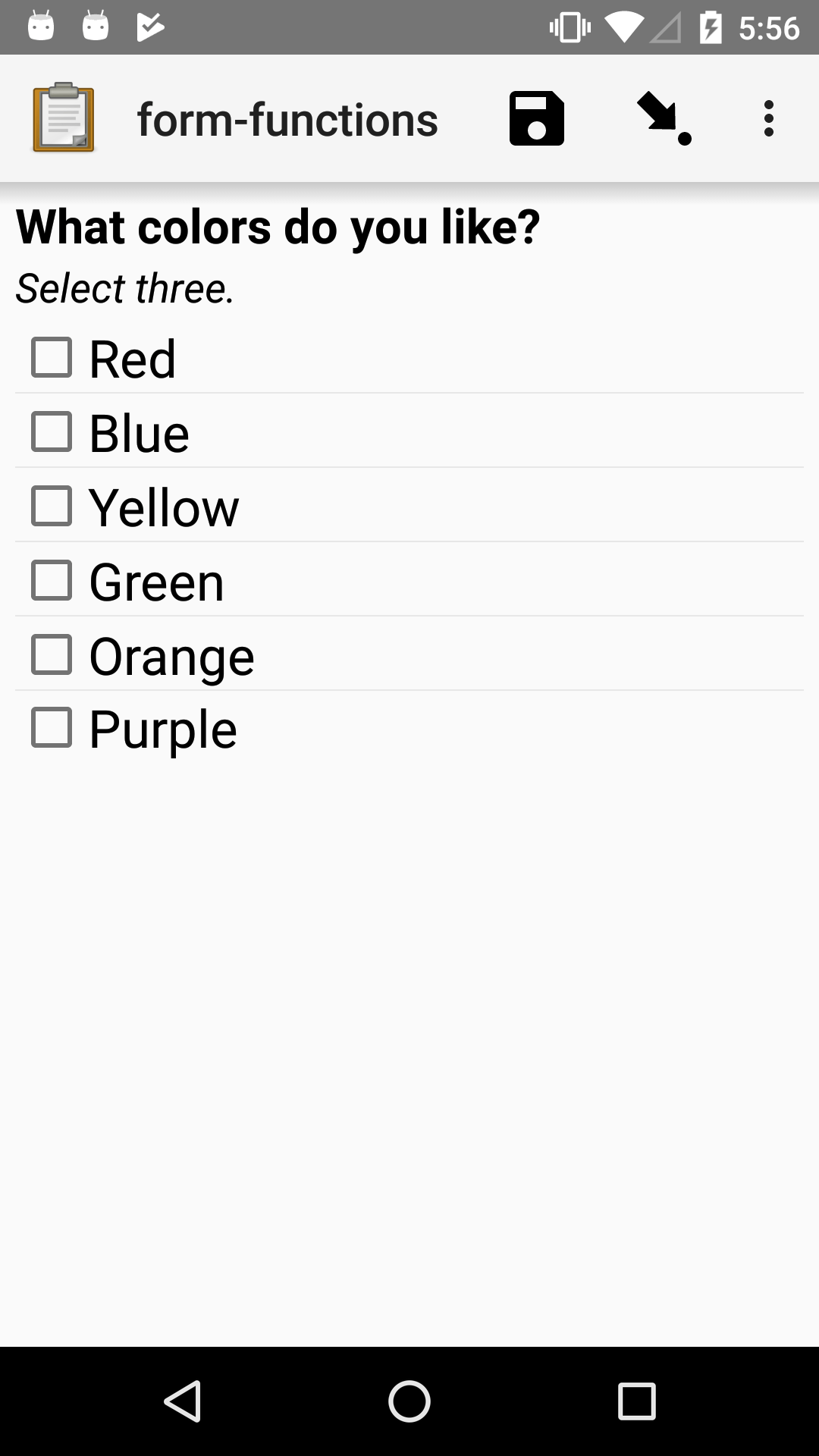 A multi-select widget in Collect. The label is "What colors do you like?" The hint text is "Select three." The choices are: Red, Blue, Yellow, Green, Orange, and Purple.