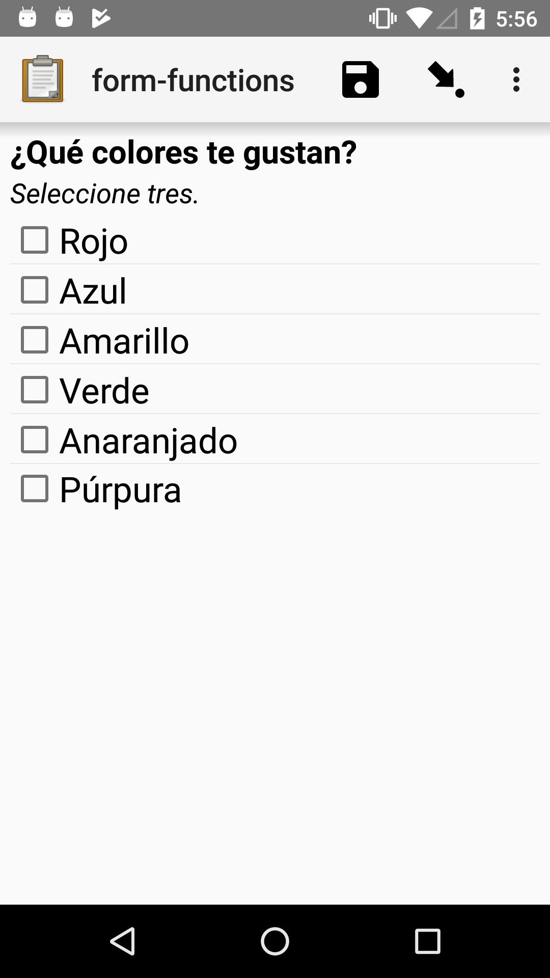 A multi-select widget in Collect. The label is "¿Qué colores te gustan?" The hint text is "Seleccione tres." The choices are Rojo, Azul, Amarillo, Verde, Anaranjado, and Púrpura.