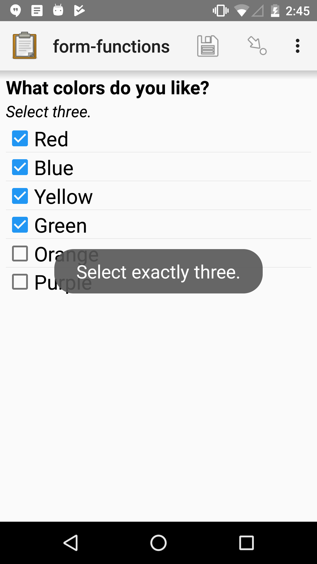 A multi-select widget in Collect. The label is "What colors do you like?" The hint text is "Select three." Four colors are selected. A message modal overlays the widget with the text "Select exactly three."