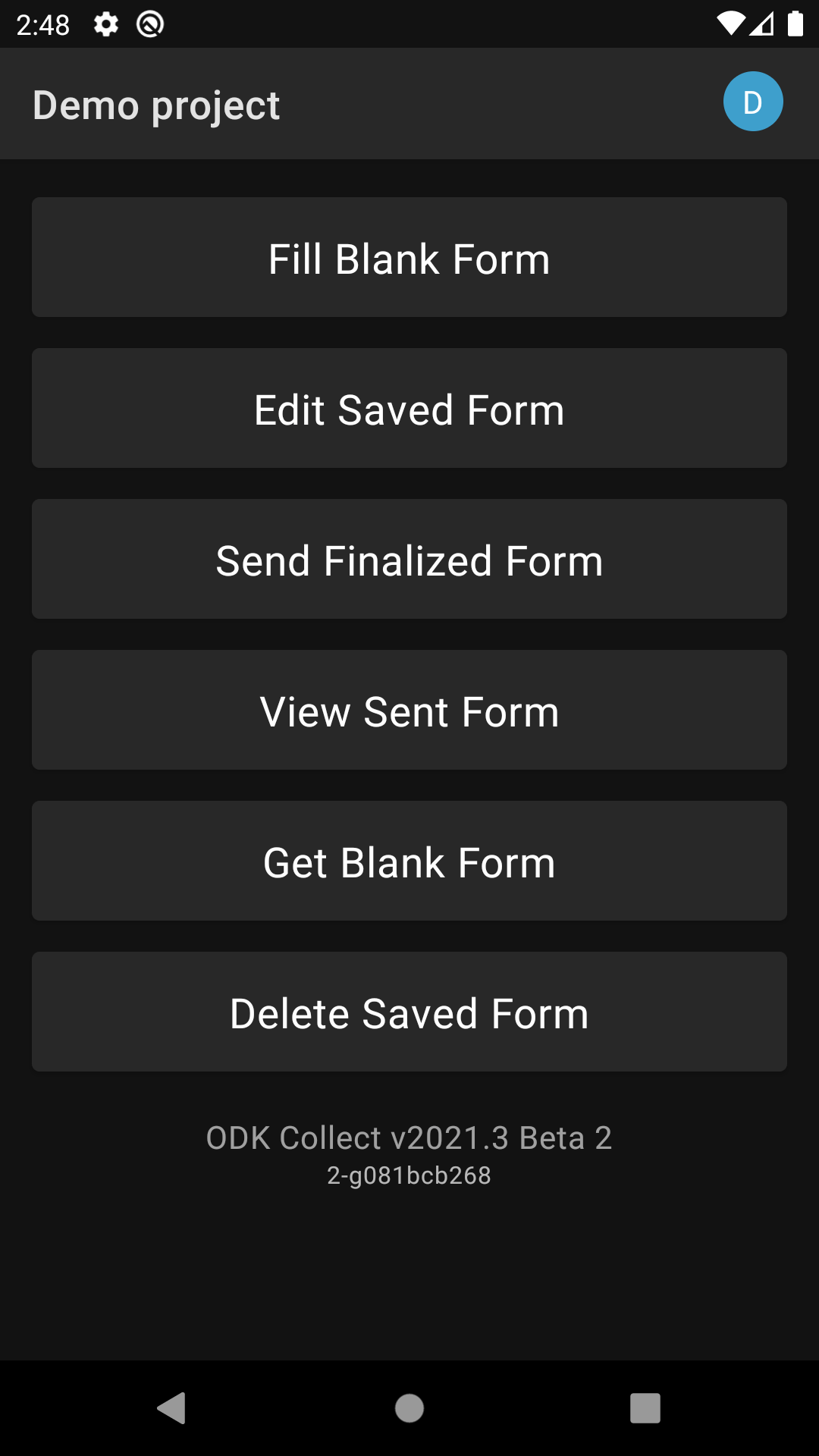 The main menu, with the dark theme enabled.