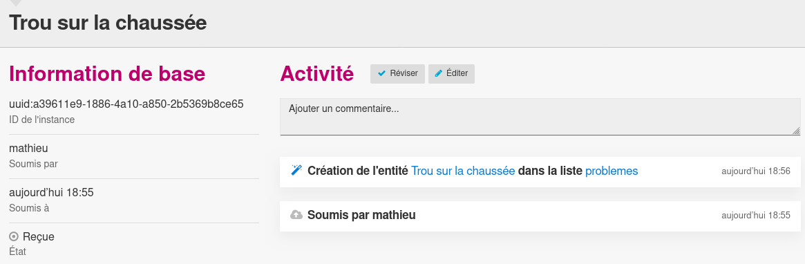 Détail d'une soumission du formulaire ``Signaler un problème`` qui a créé une Entité.