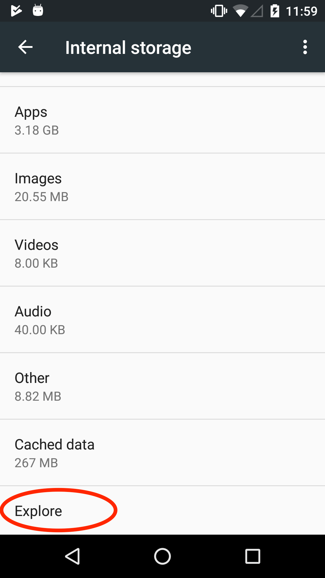 The Internal Storage settings menu on an Android device. The option *Explore* is circled in red.