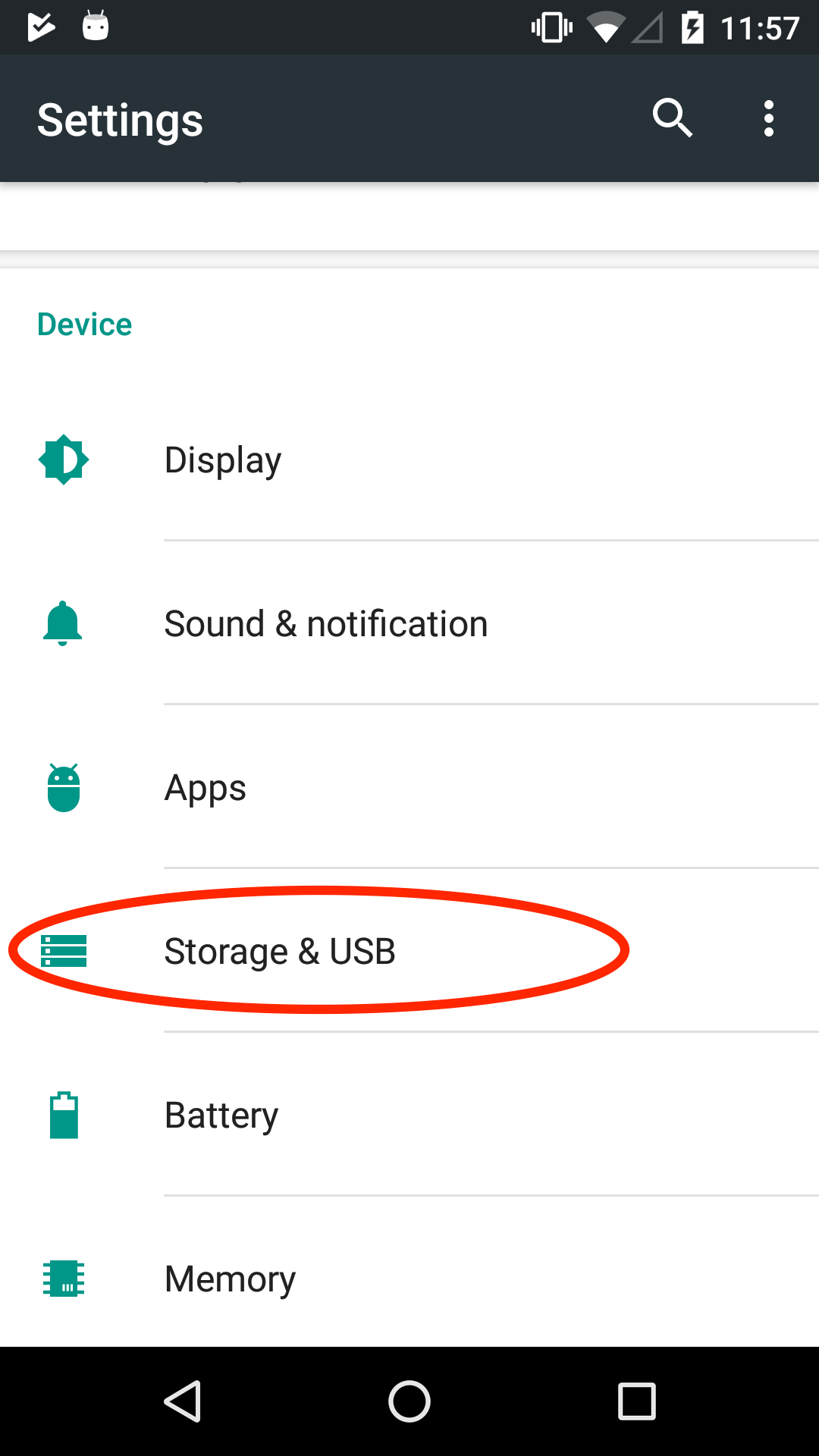 The Settings menu on an Android Device. The option *Storage and USB* is circled in red.