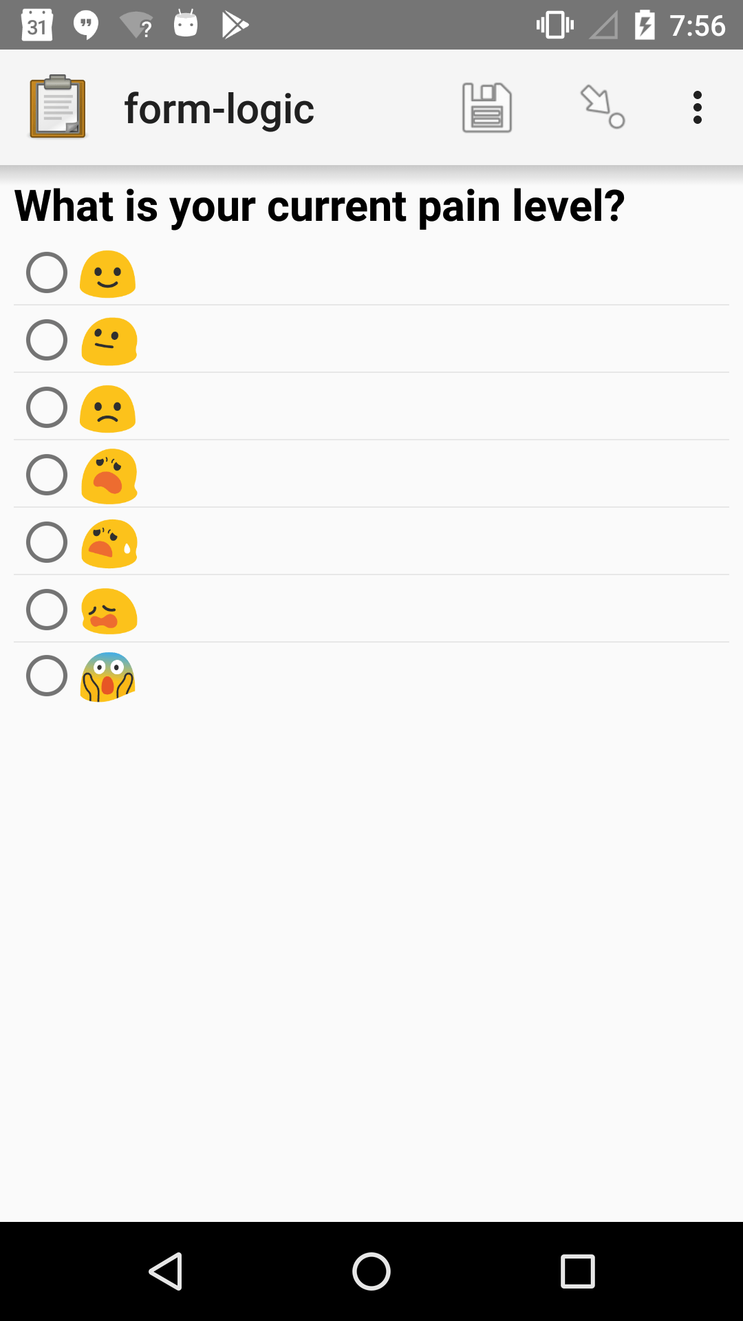 A single select widget in Collect. The label text is "What is your current pain level?" The options are seven increasingly-unhappy emoji faces.