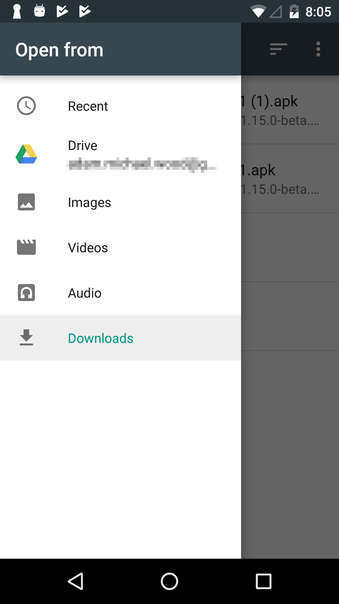 A file selection screen on an Android device. A sidebar overlay is labeled "Open from". This sidebar has several file locations such as "Recent", "Google Drive", "Images", "Downloads".