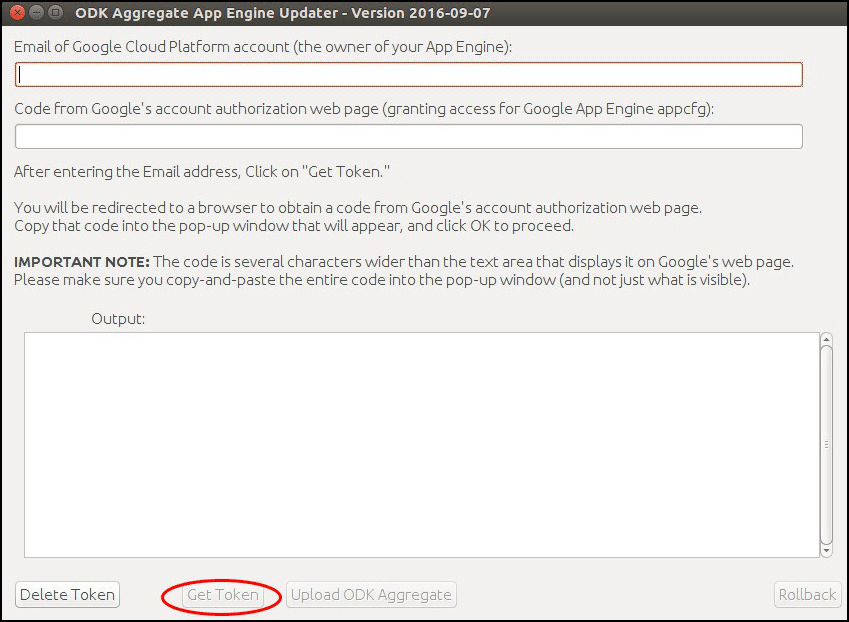 Image showing the window for upload tool to enter the email id and get a token.