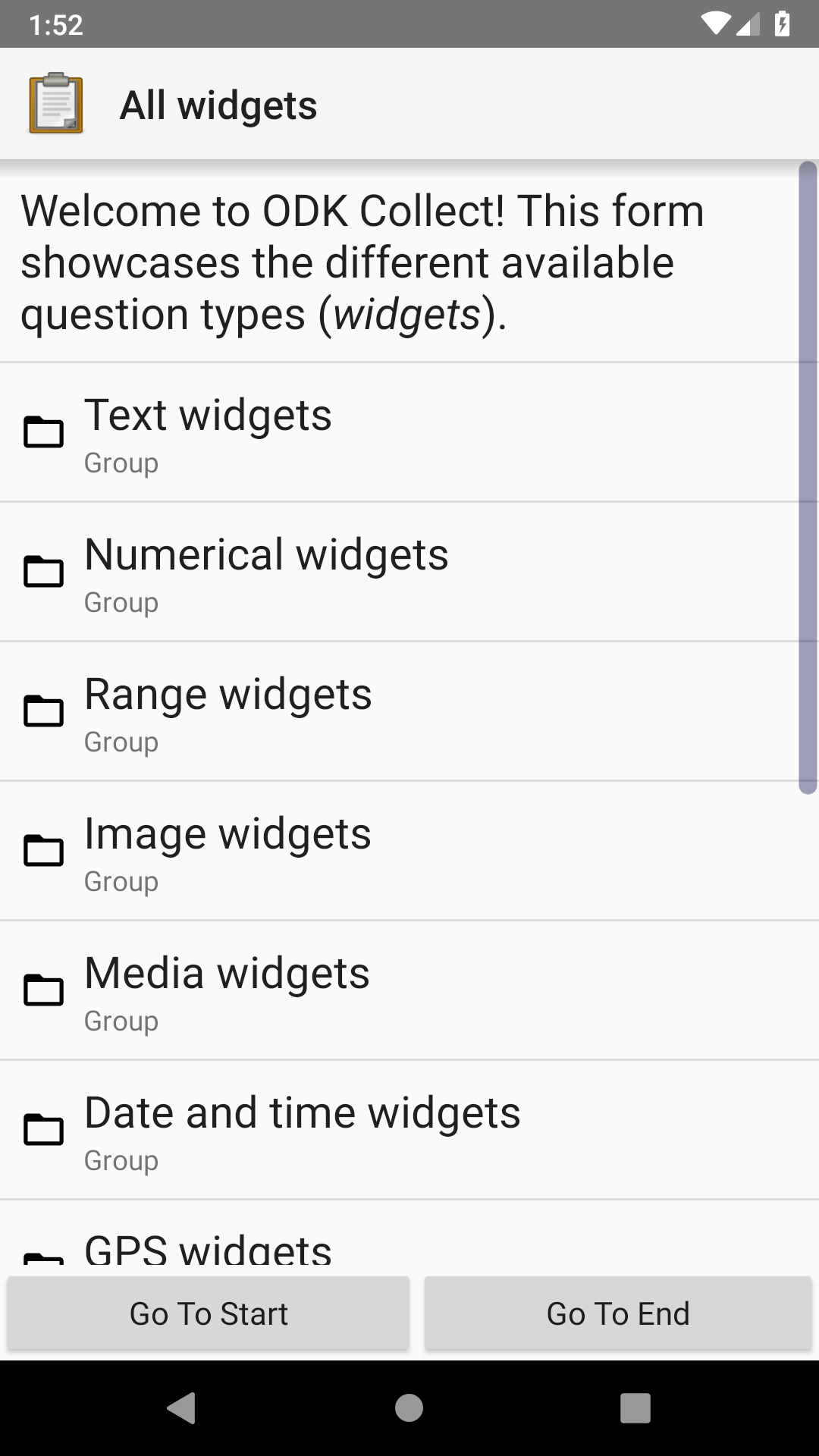 Jump menu displayed in ODK Collect on an Android phone.