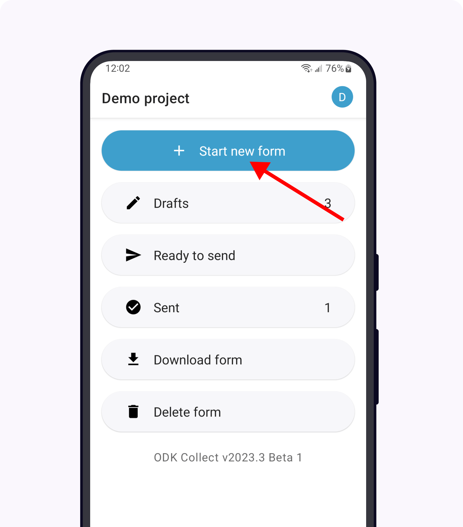 The Main Menu of the Collect app. The first button, *Start new form*, has a red arrow pointing to it.