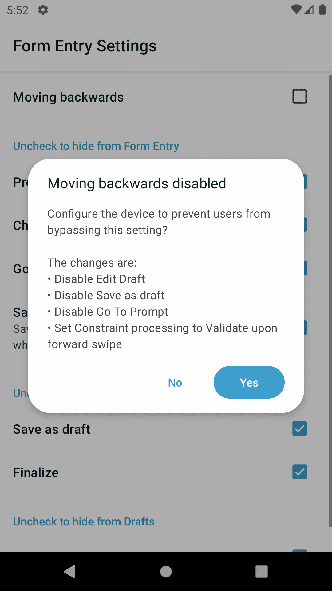 Image showing message displayed to configure other settings when Moving backwards option is unchecked.