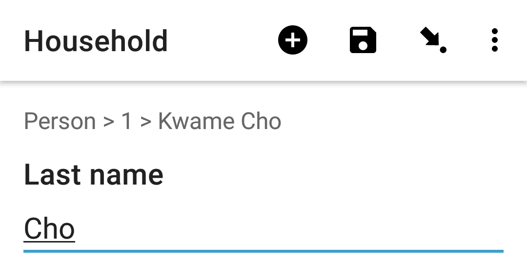 The Collect app. It shows a question with text "Last name." The form is titled "Household." At the top of the question, there is a location summary of "Person > 1 > Kwame Cho."