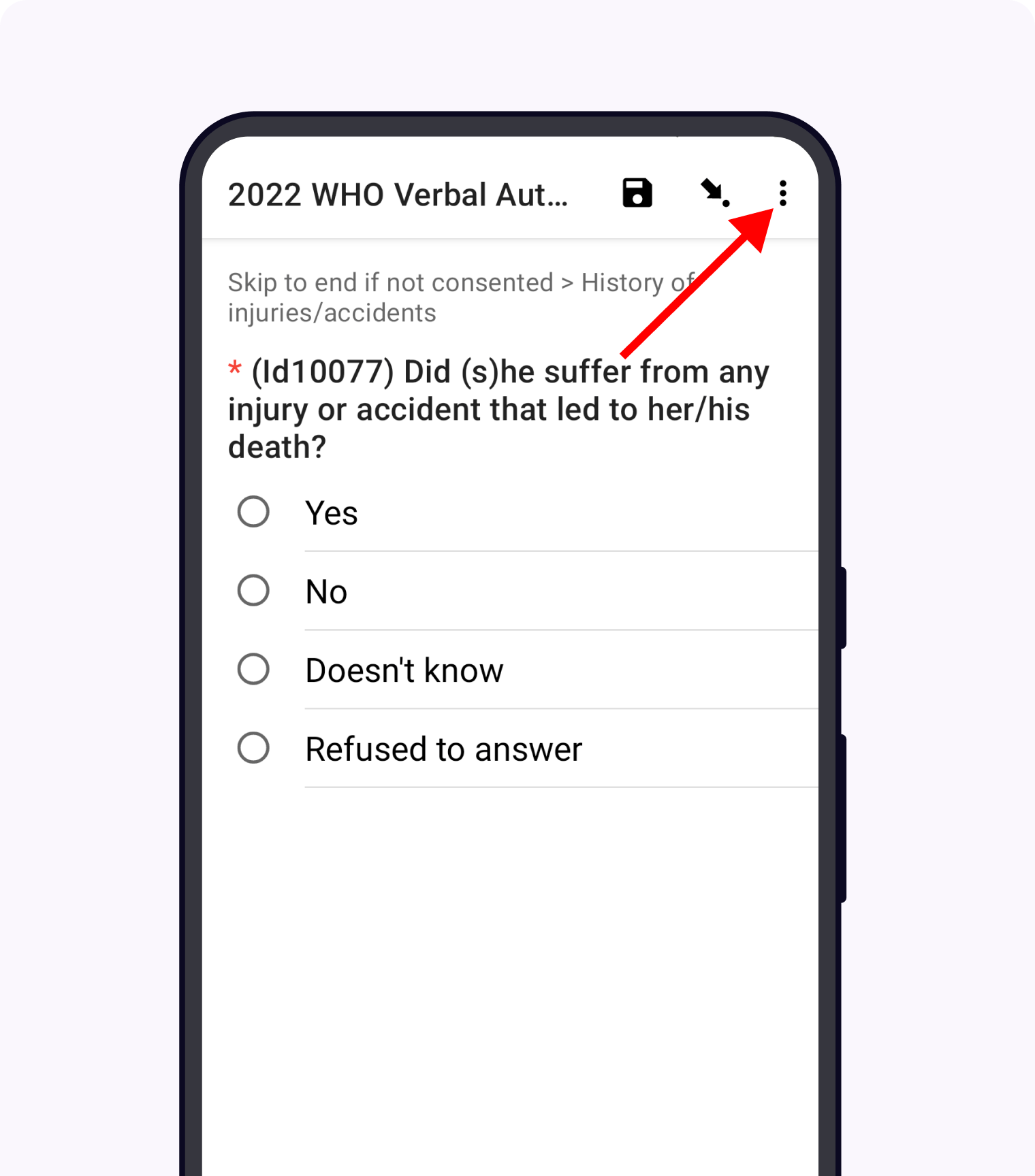 A question screen in the Collect app. The Action Menu ("kebab") in the top-right corner is circled in red.