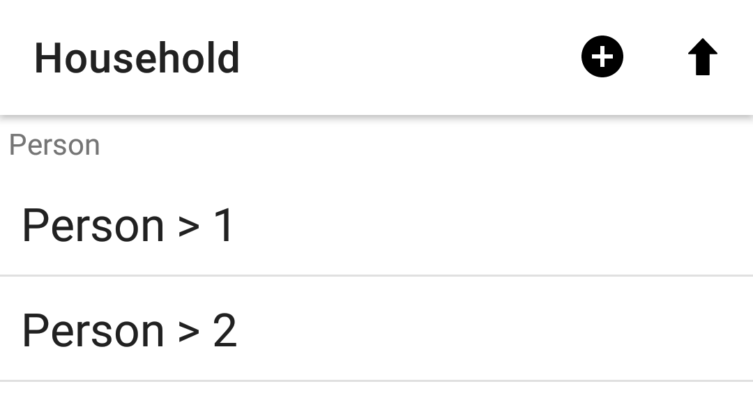 The Collect app. It shows the hierarchy view for a household form. There are two repeats shown: "Person > 1" and "Person > 2"