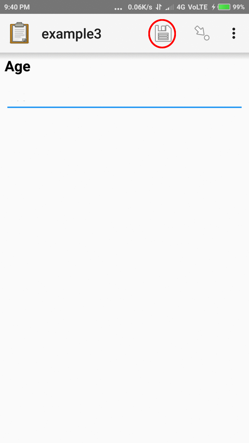 Screen with the save icon displayed in ODK Collect on an Android phone.