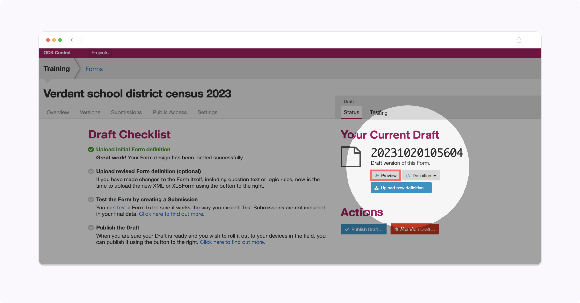 ODK Central showing a draft of the school census form. There's a red box around the Preview button with an arrow pointing to it.