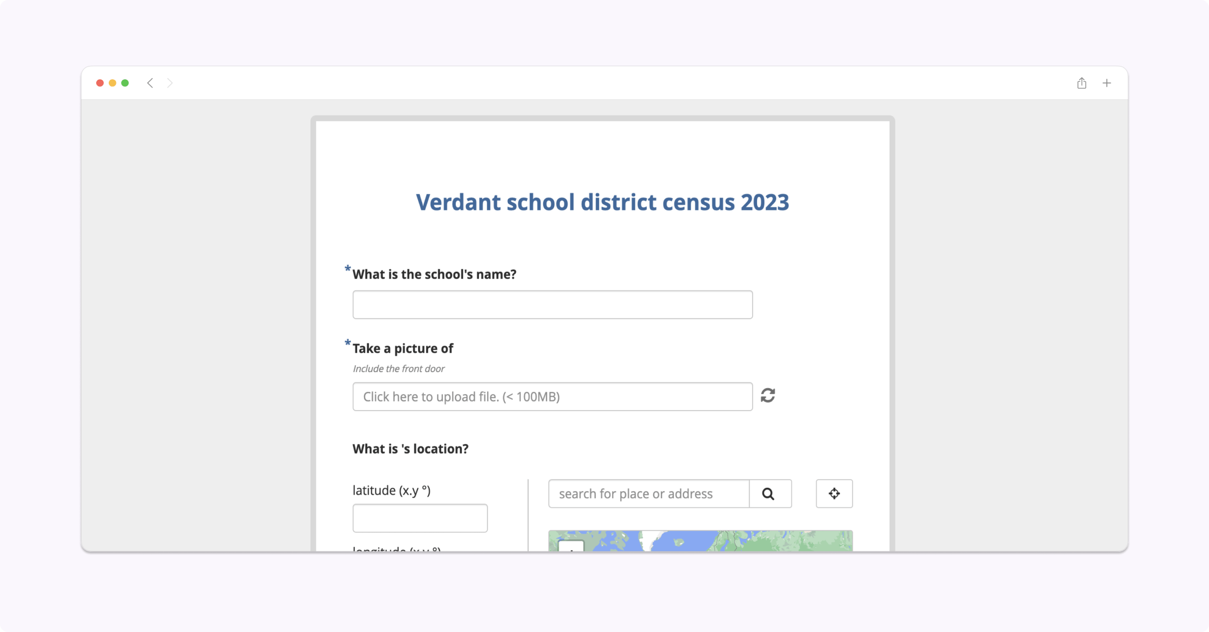 ODK Central showing a web preview of the school census form.