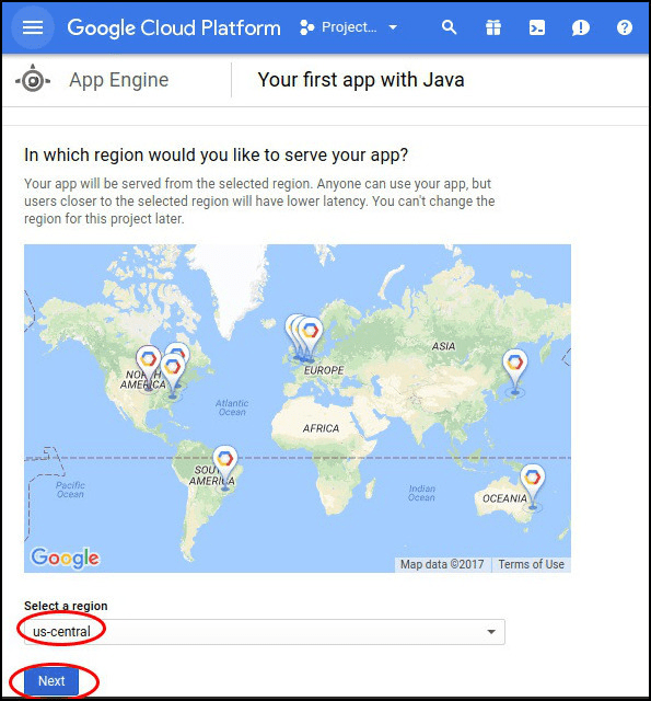 Image showing options to choose a region where the server will operate.