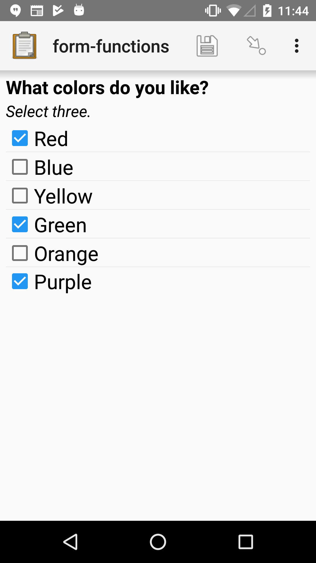 A multi-select widget in Collect. The label is "What colors do you like?" Several color names are presented as options. Red, Green, and Purple are selected.