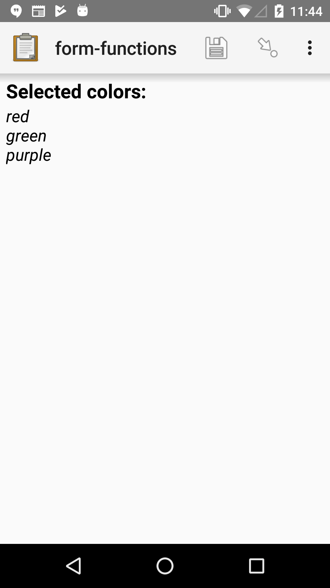 A note widget in Collect. The label is "Selected Colors". The hint text is "red, green, purple".