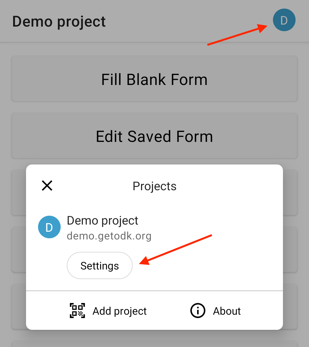 Access settings by tapping the project icon and then the Settings button